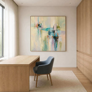 Geometric aqua and blush artwork bringing energy to a wood office.
