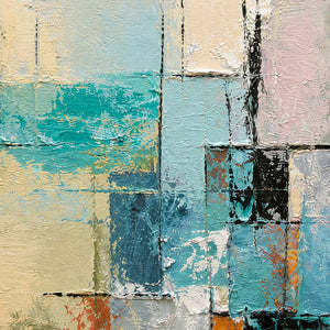Close-up of raised aqua, yellow, blush, and charcoal paint texture.