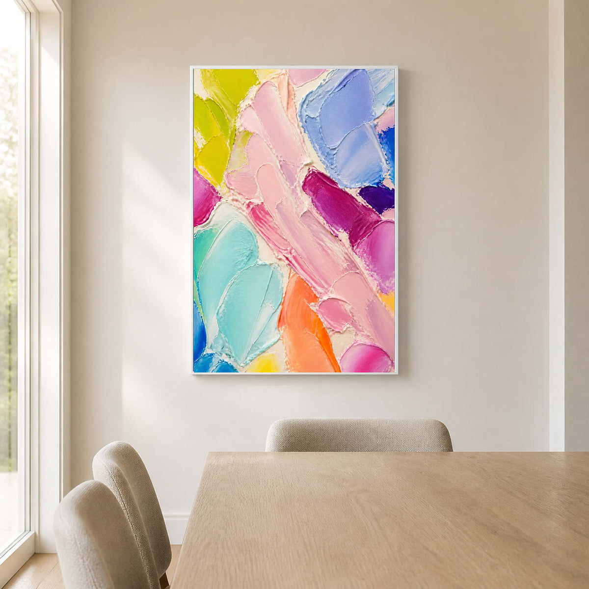 Pastel textured wall art bringing playful color to a light modern dining room.