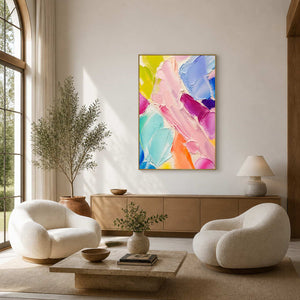 Colorful modern wall art displayed in a softly sunlit reading lounge.