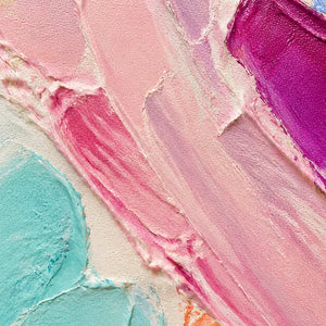 Close-up of layered blush pink, aqua, and berry palette-knife texture.