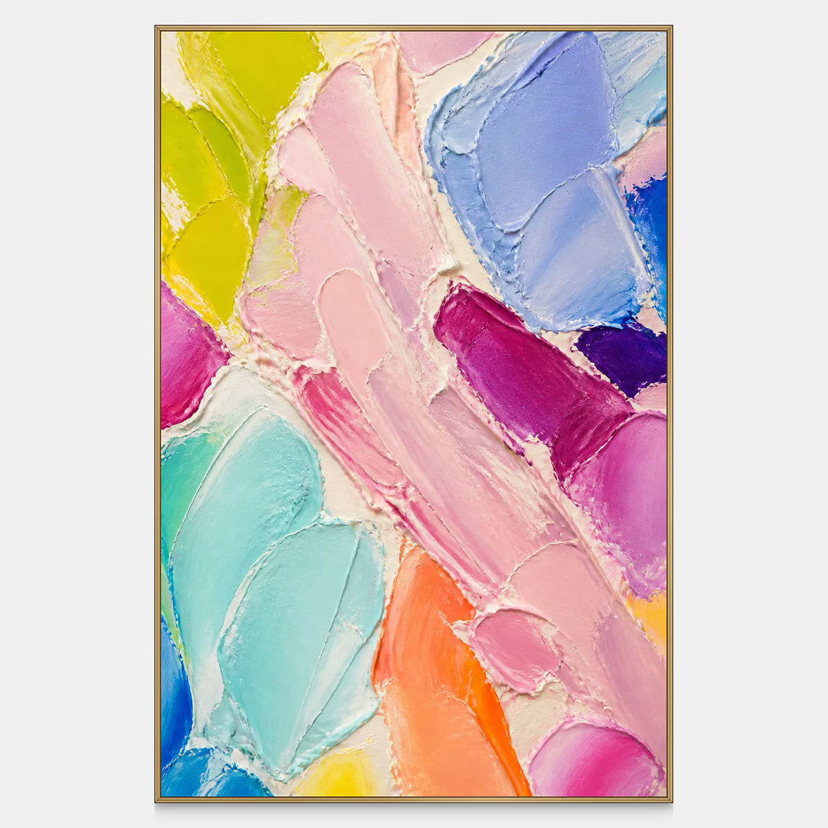 Vertical abstract wall art with blush pink, aqua, periwinkle, citrus, coral, and berry.