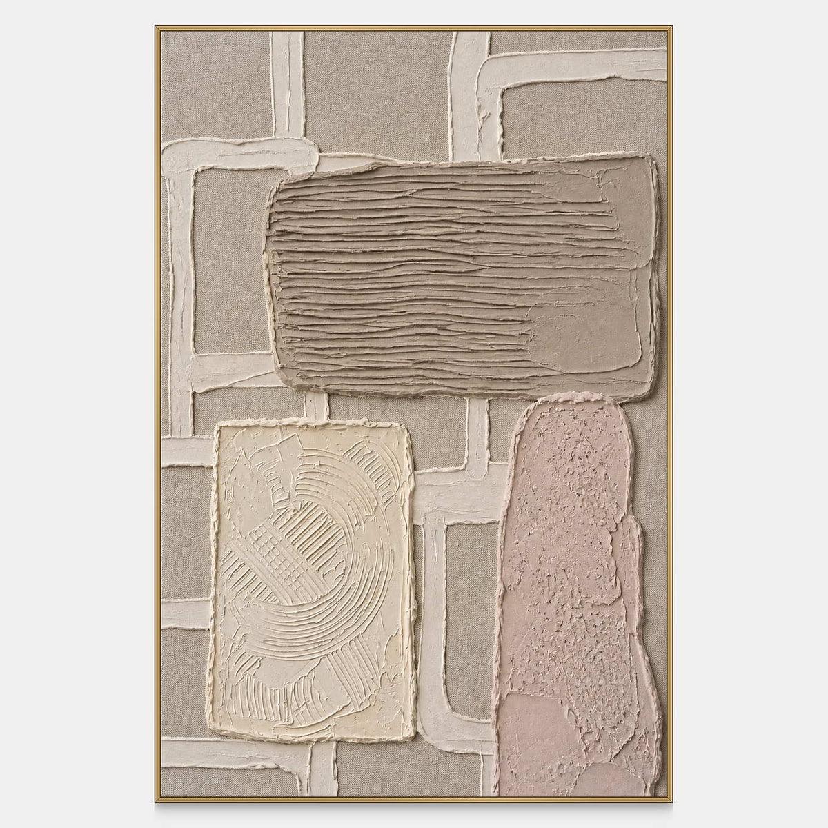 Vertical textured abstract wall art in taupe, ivory, and soft blush.