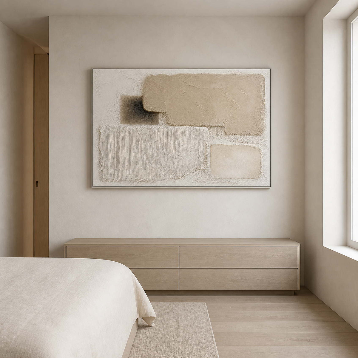 Neutral textured painting displayed in a soft ivory ash wood bedroom.