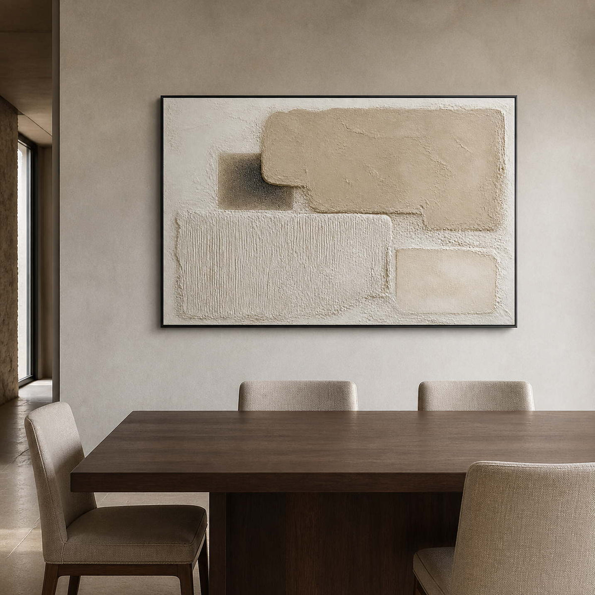 Minimalist relief artwork displayed in a gray-beige walnut dining room.