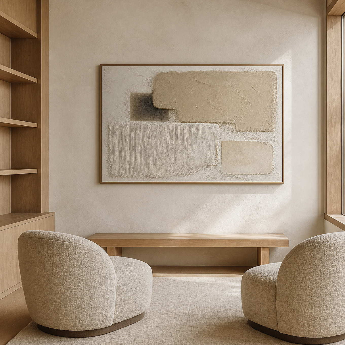 Wabi-sabi abstract artwork displayed in a warm white oak reading room.