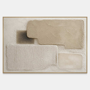 Four rounded relief blocks in sand, ivory, taupe, and charcoal gray.