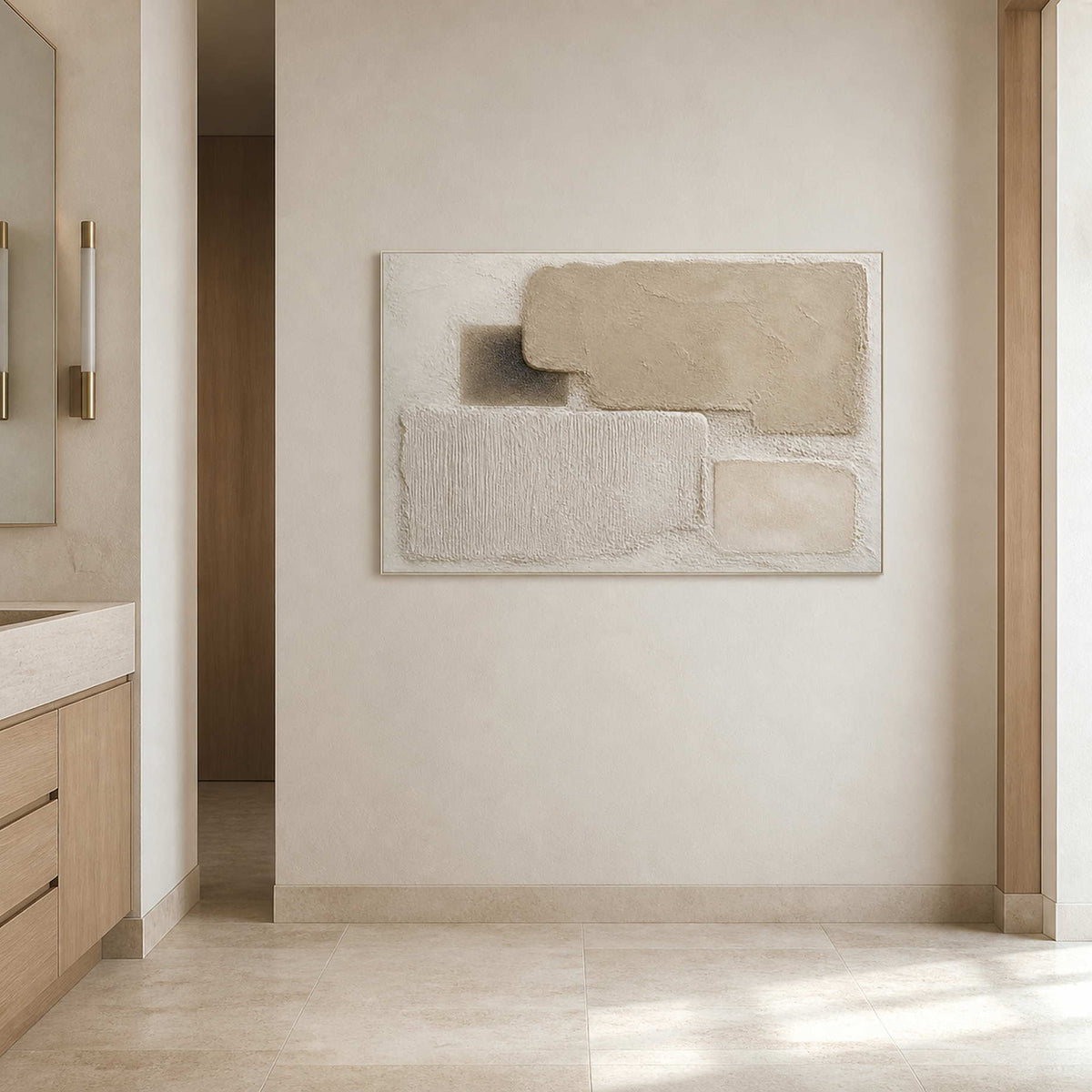 Warm white relief wall art displayed in a pale travertine bathroom area.