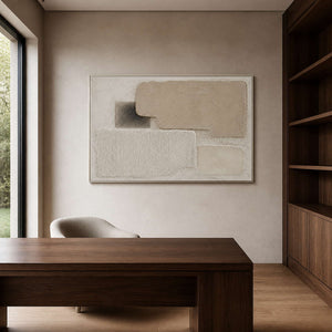 Horizontal neutral wall art displayed in a gray-beige walnut office.