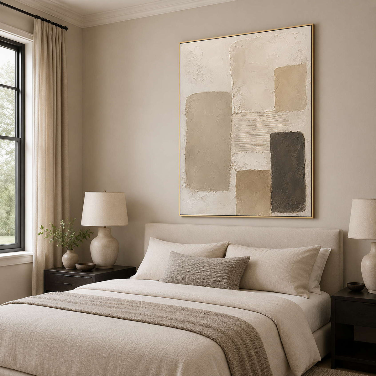 Calm Wabi-Sabi wall art for a neutral bedroom.