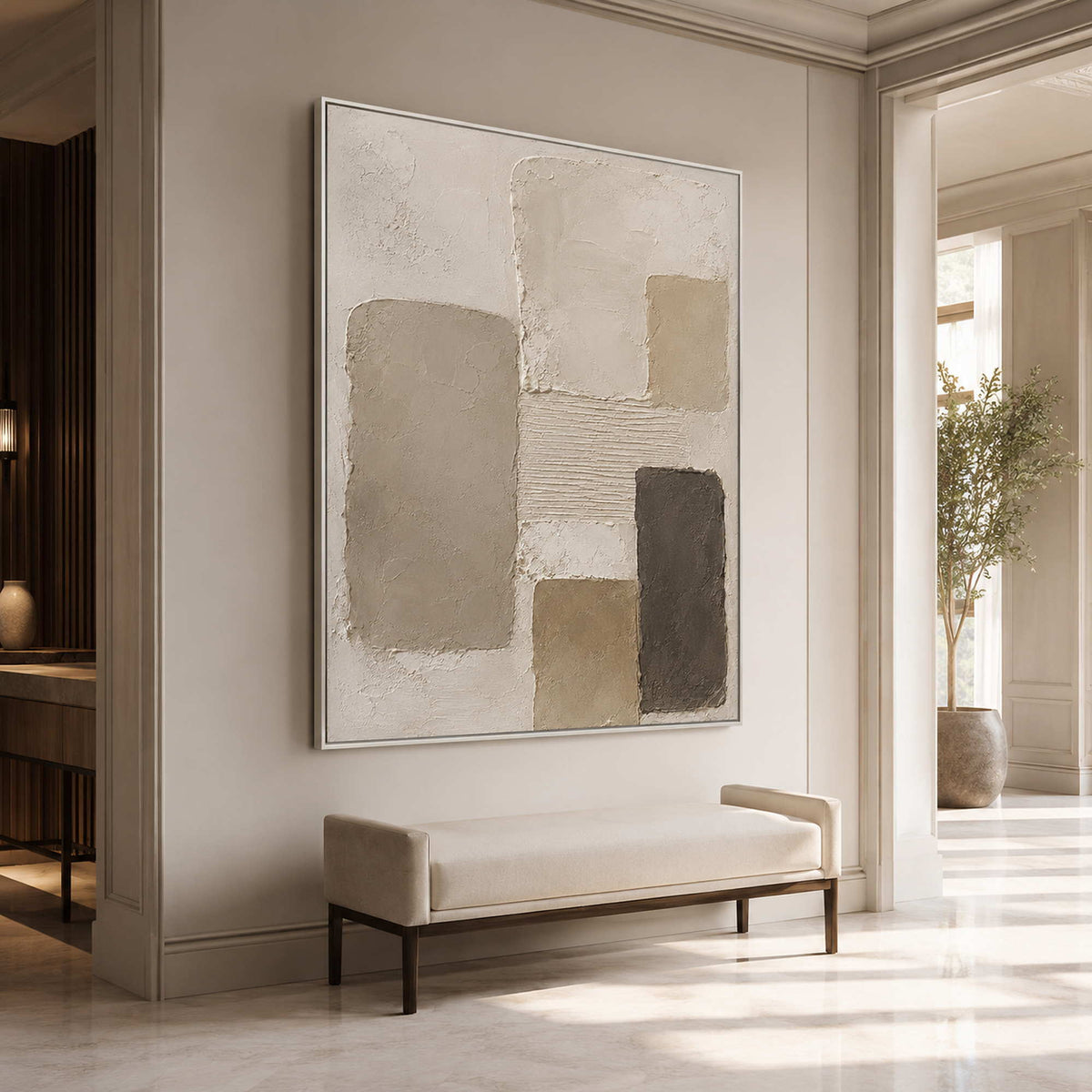 Hand-painted Wabi-Sabi canvas for hospitality interiors.