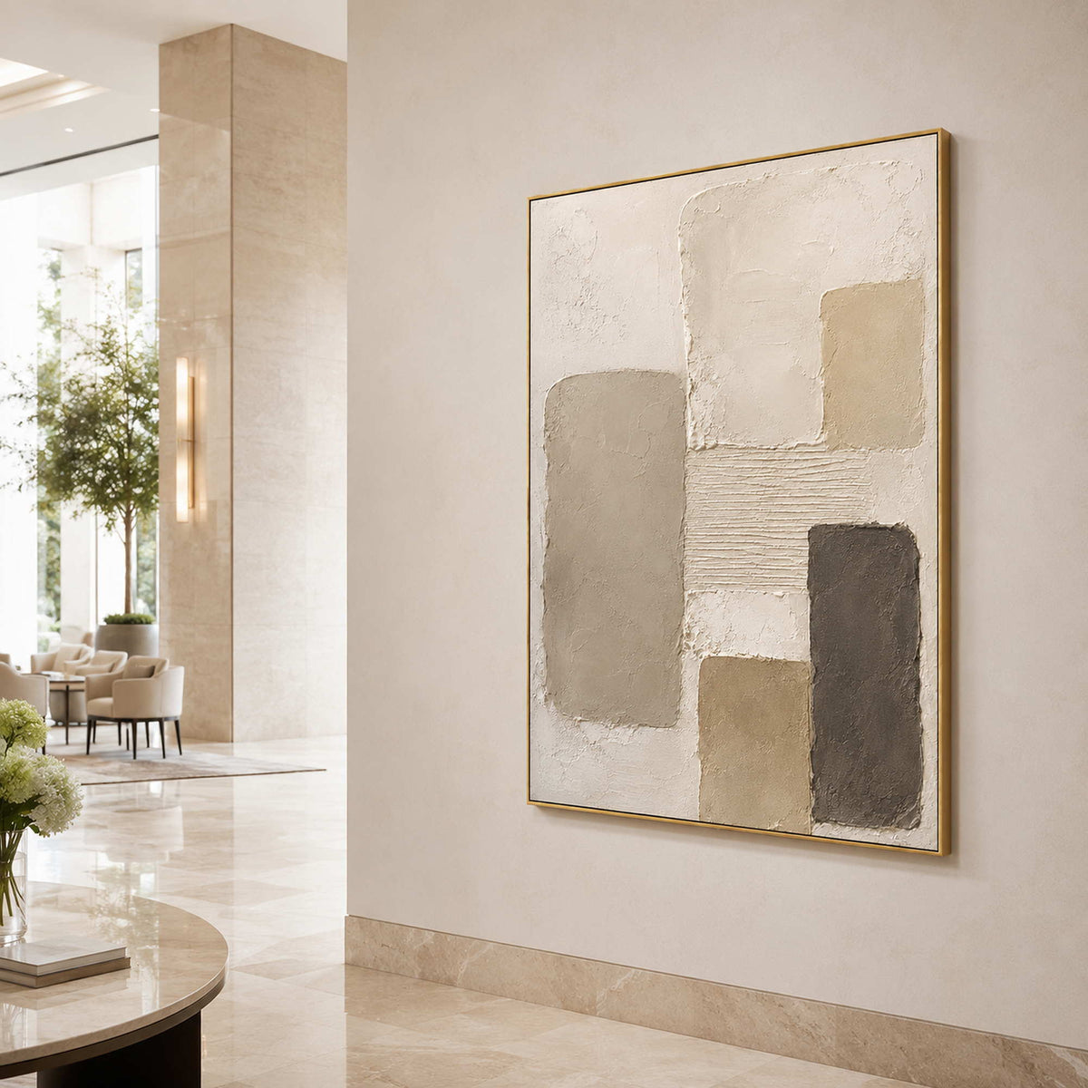 Neutral Wabi-Sabi wall art displayed in a hotel lobby.
