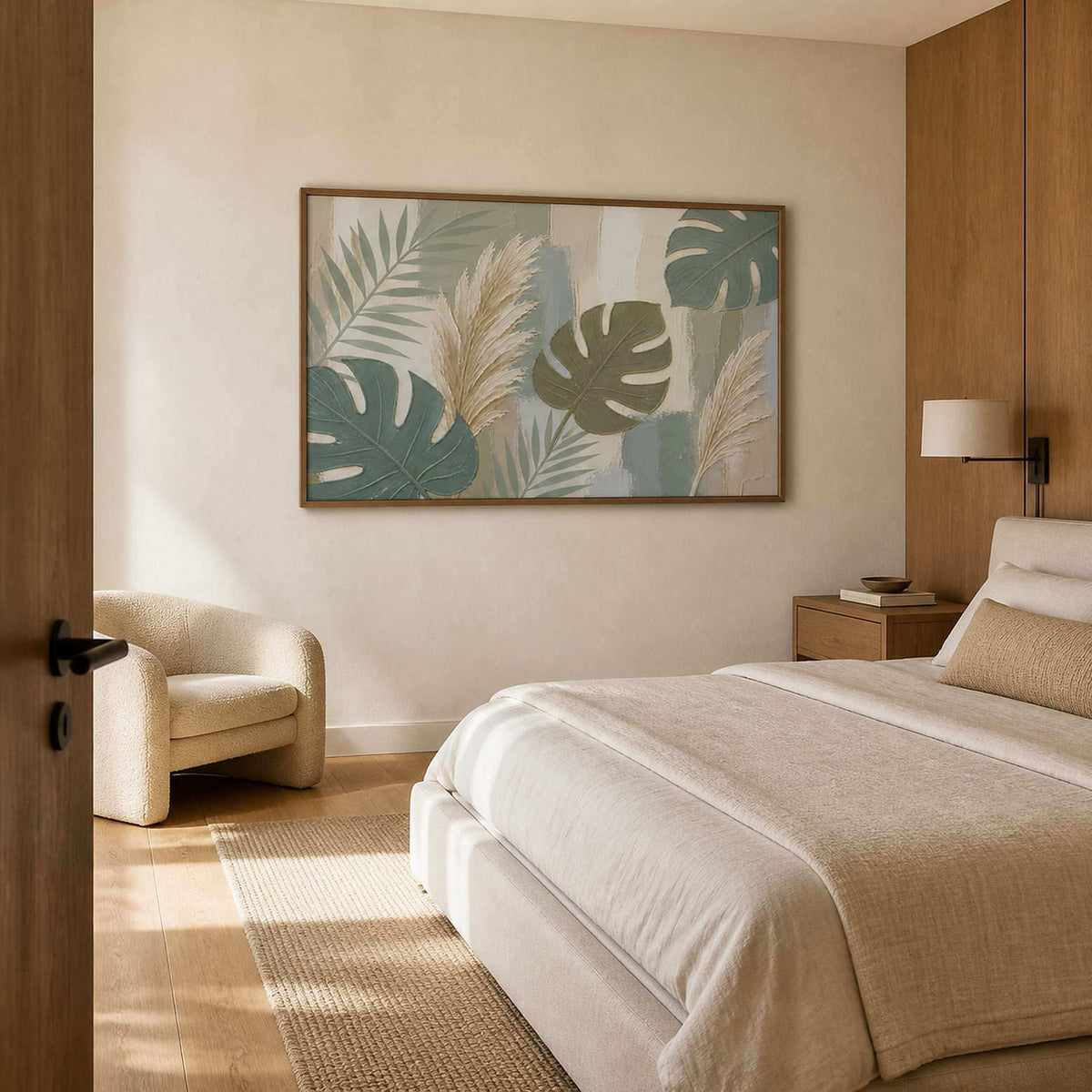 Sage leaves and ivory pampas grasses wall art in a contemporary bedroom.