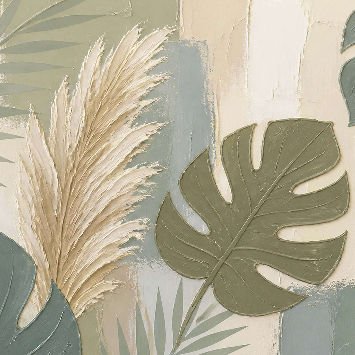 Close-up of the painted texture in sage leaves and ivory pampas grasses.