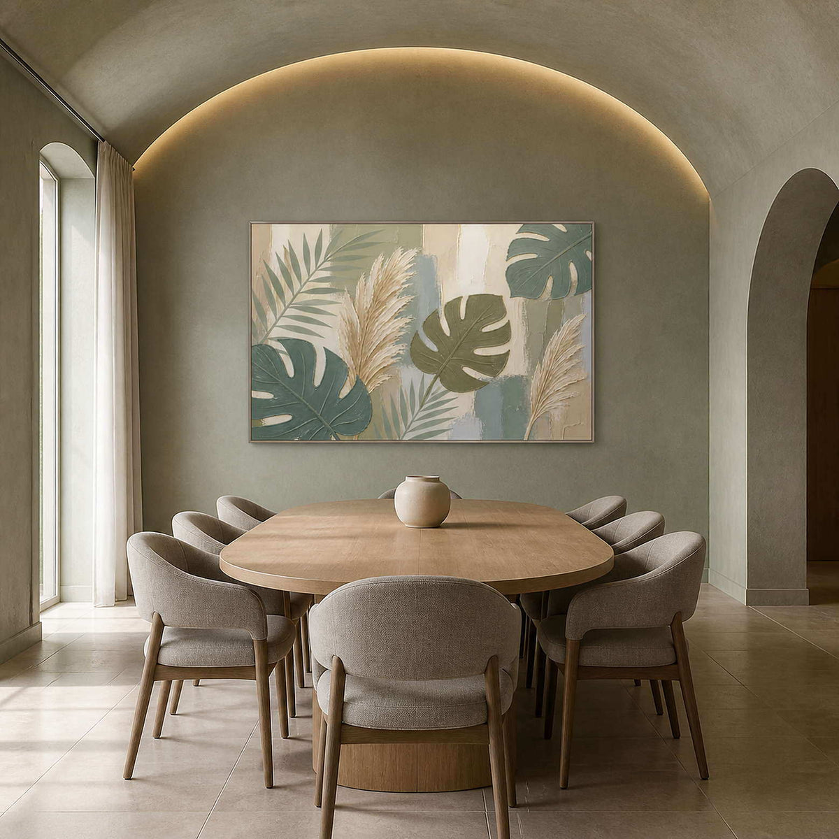 Sage leaves and ivory pampas grasses wall art in a contemporary dining room.