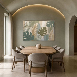 Sage leaves and ivory pampas grasses wall art in a contemporary dining room.