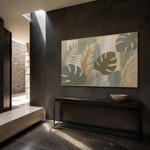 Sage leaves and ivory pampas grasses wall art in a contemporary home office.