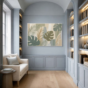 Sage leaves and ivory pampas grasses wall art in a contemporary stair hall.