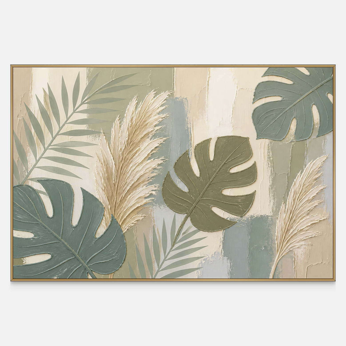 Hand-painted sage leaves and ivory pampas grasses canvas with raised texture.