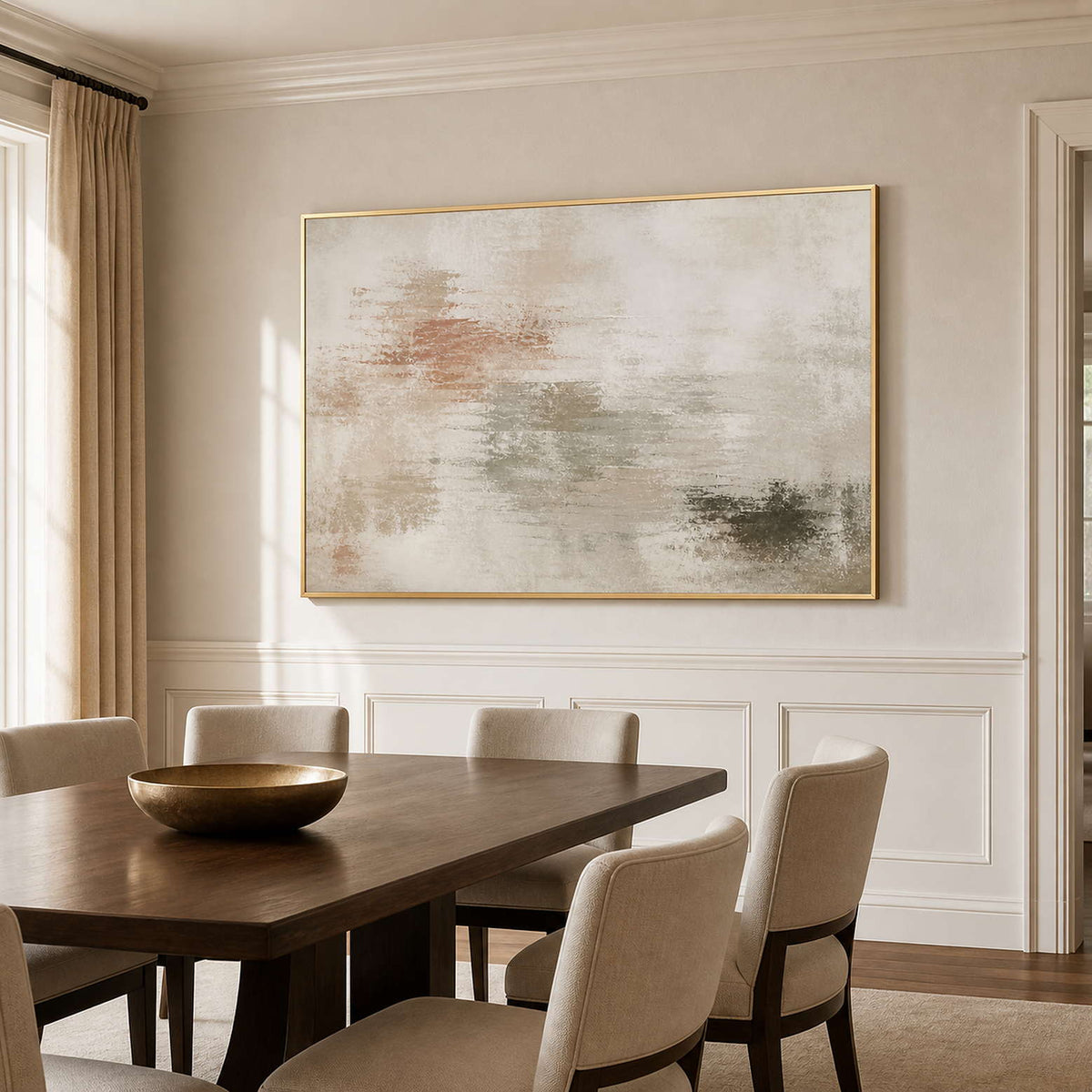 Ivory abstract wall art in a gold frame beside a dining table.