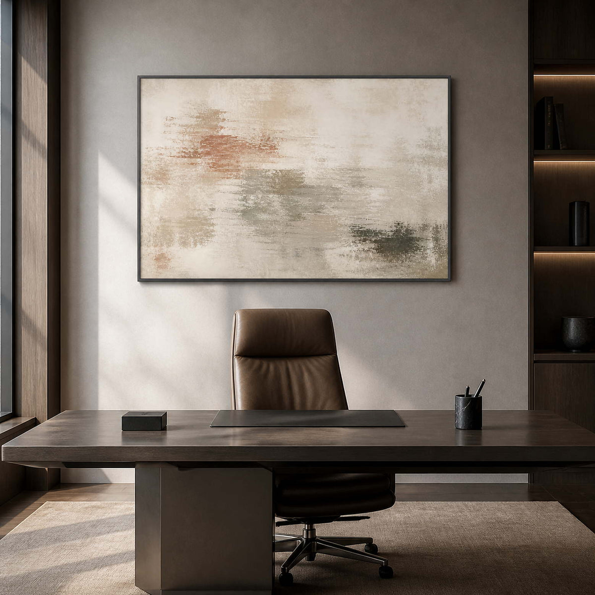 Minimalist neutral artwork in a black frame displayed in an office.