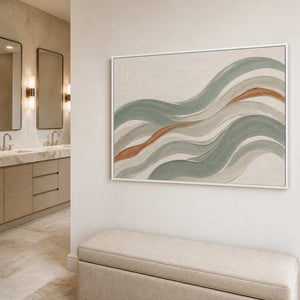 Textured sage wave wall art displayed in a bright modern bathroom.