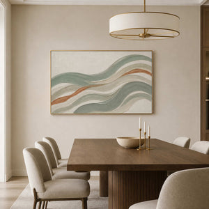 Soft sage abstract wall art displayed above a wood dining table.