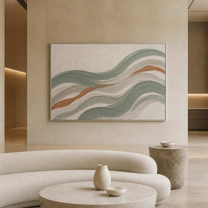 Textured coastal wall art displayed in a serene hotel lobby.