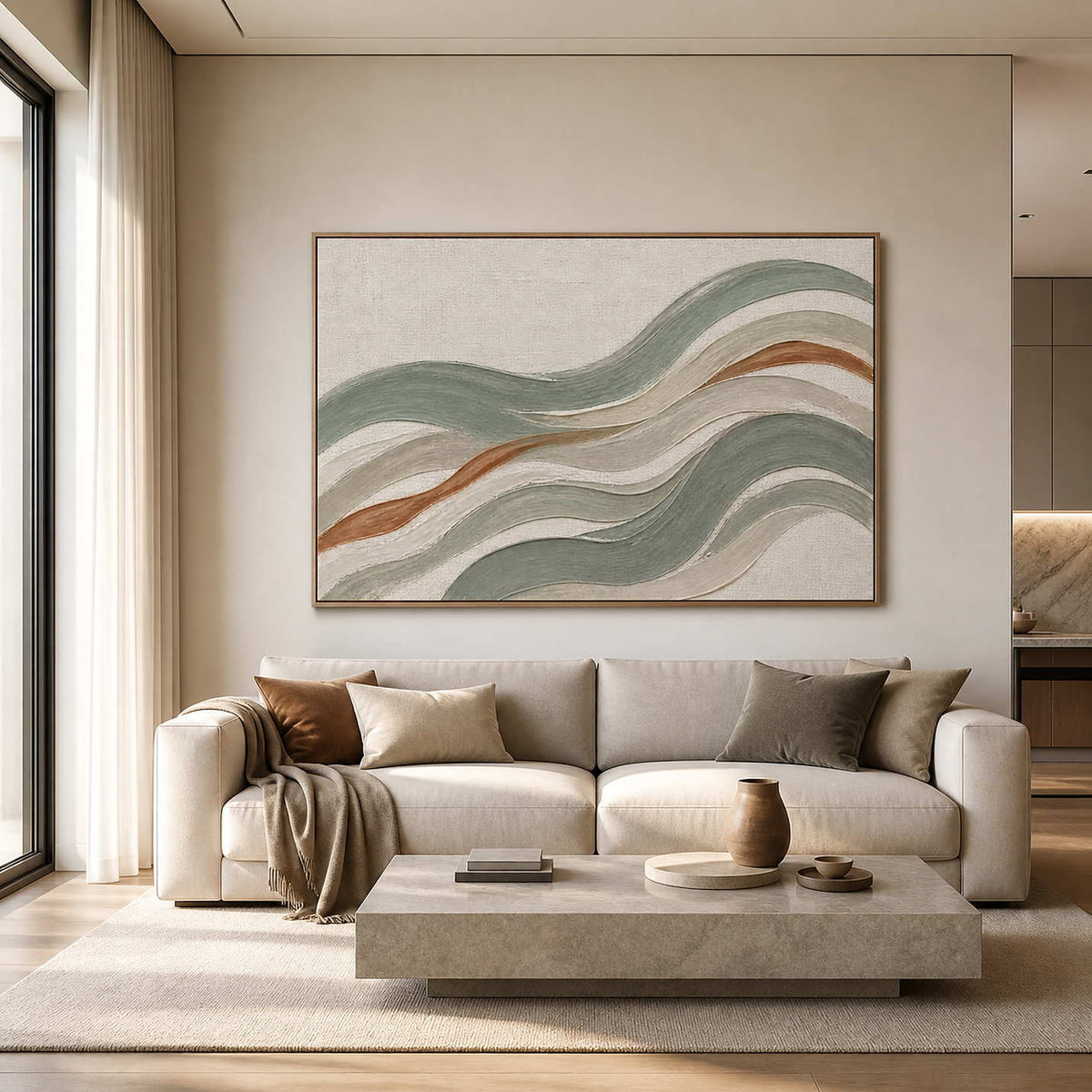 Sage green textured coastal wall art in a modern living room.