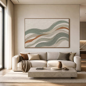 Sage green textured coastal wall art in a modern living room.