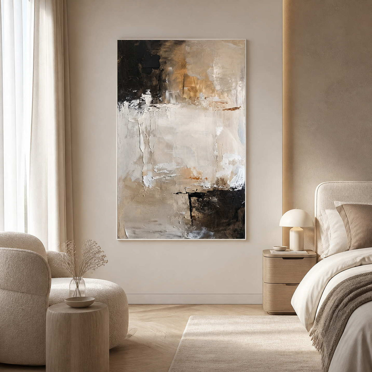 White framed abstract painting with cream and black brushwork in a bedroom.