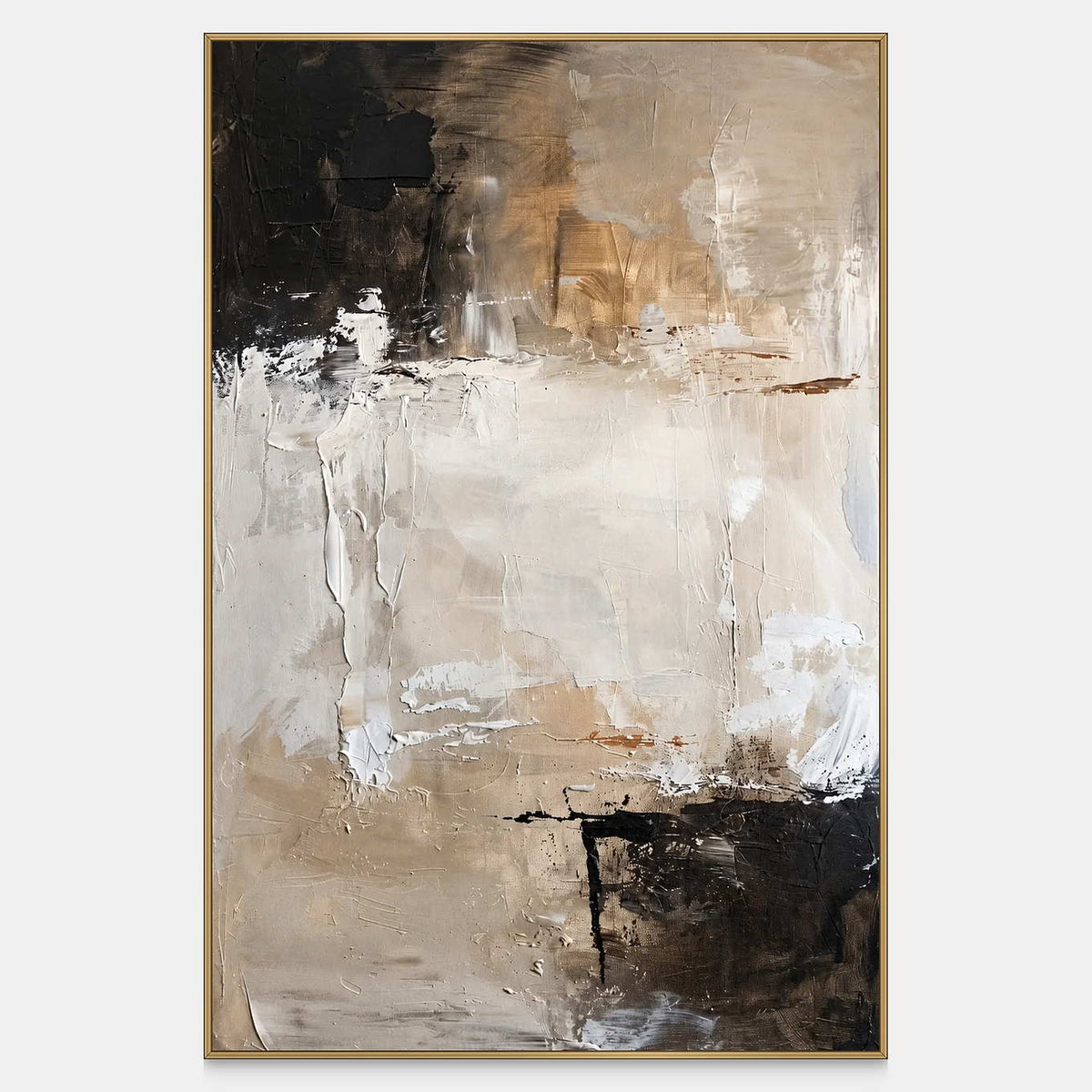 Vertical beige abstract painting with a pale center and contrasting black corner marks.