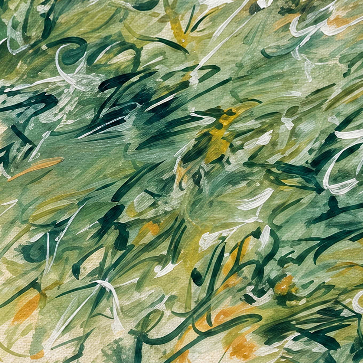 Close-up of Spring Comes Calling showing dark and pale green loops with white and yellow strokes over a textured cream ground.