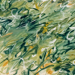 Close-up of Spring Comes Calling showing dark and pale green loops with white and yellow strokes over a textured cream ground.