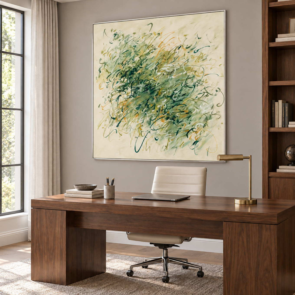 Spring Comes Calling in a silver frame above a large wood desk with a white office chair.