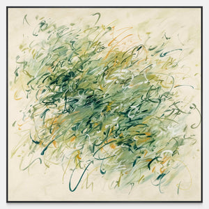 Front view of Spring Comes Calling, a square abstract with looping green lines and small yellow marks on a pale cream ground.