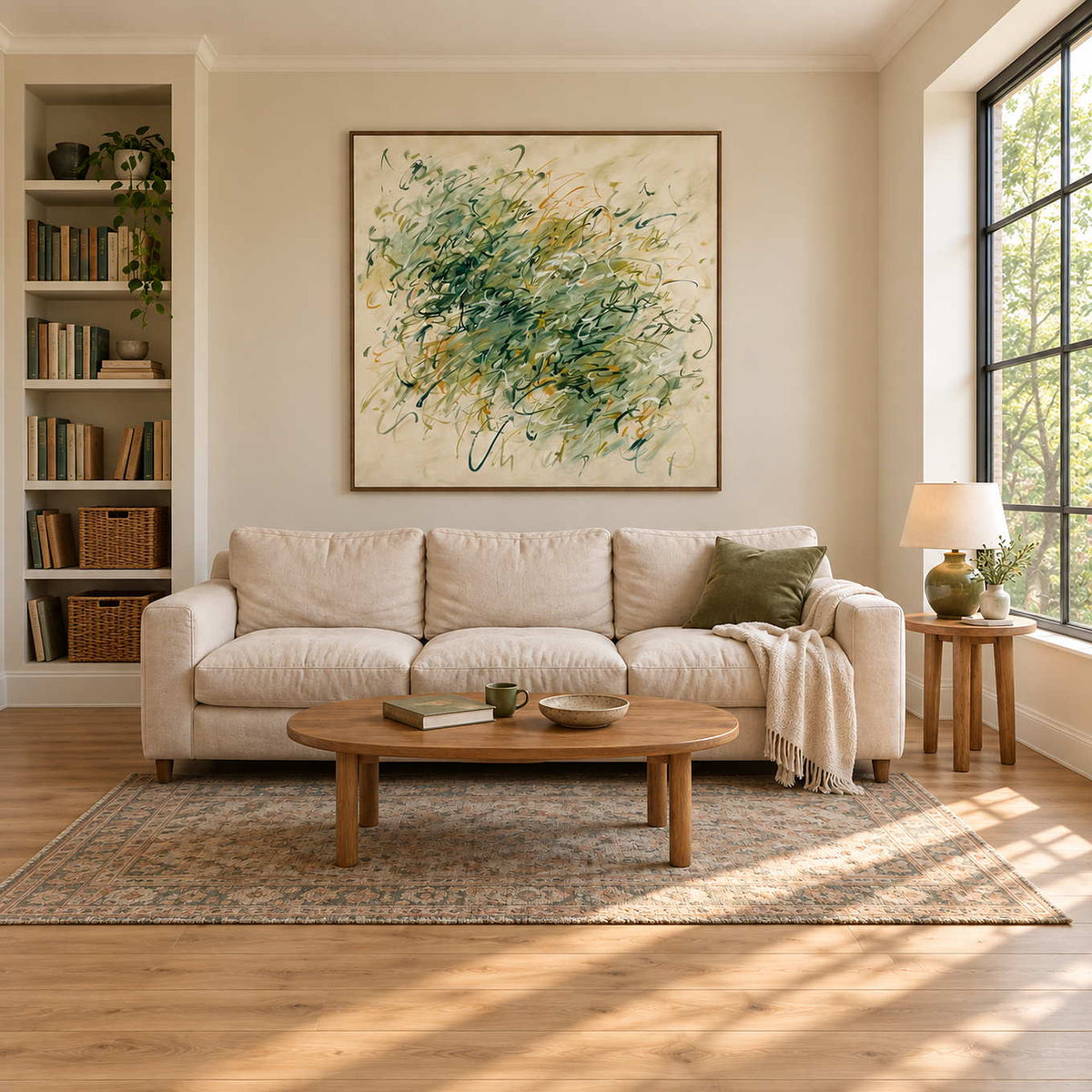 Spring Comes Calling in a wood frame above a cream sofa beside bookshelves and a tall sunlit window.