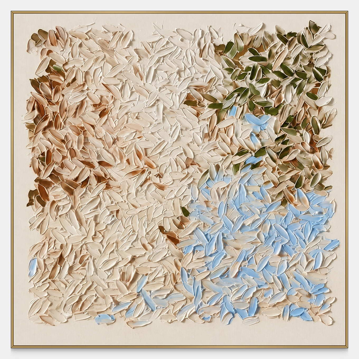 Front view of Spring Drifts In, a square abstract painting with raised cream, pale blue and olive-green leaflike marks.