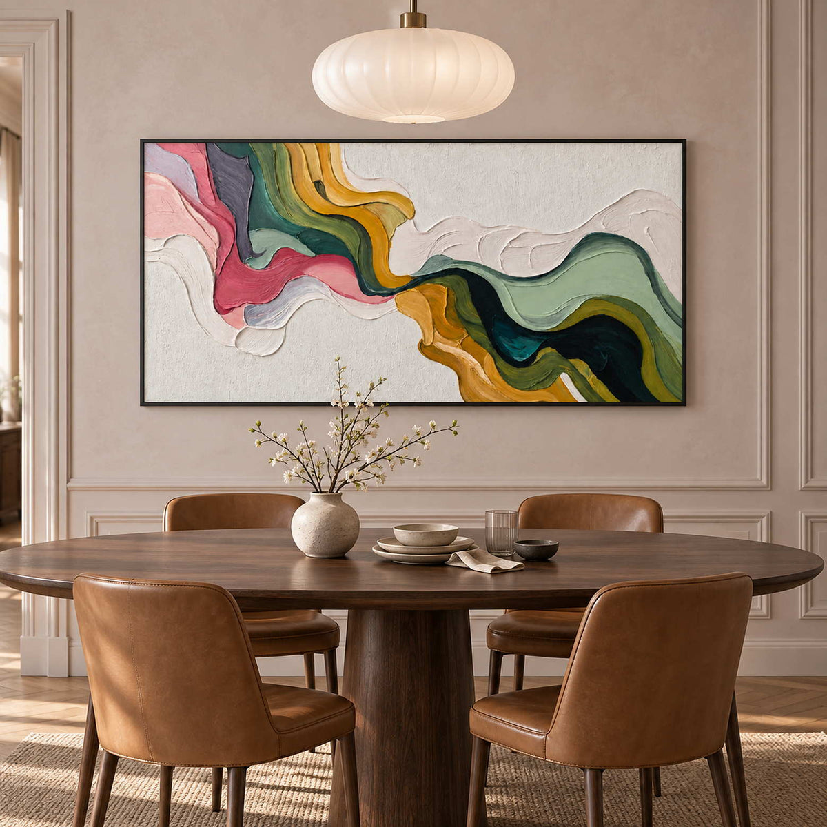 Flowing color bands above an oval dining table with brown chairs and a white pendant.