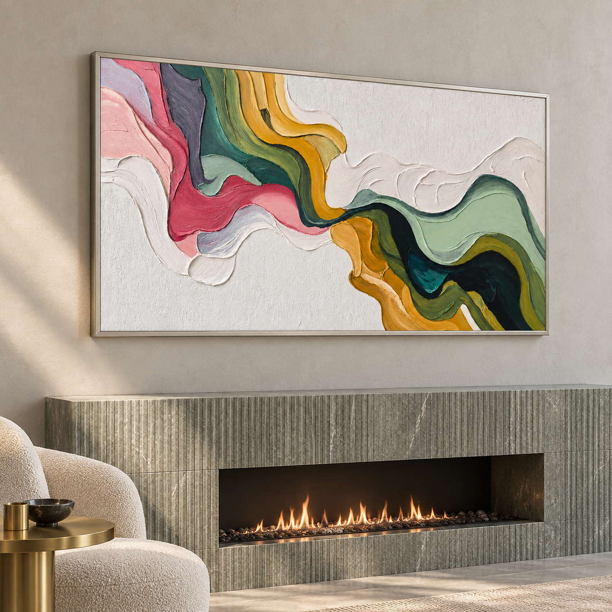 Wide color abstract above a ribbed green-gray fireplace with a long flame.