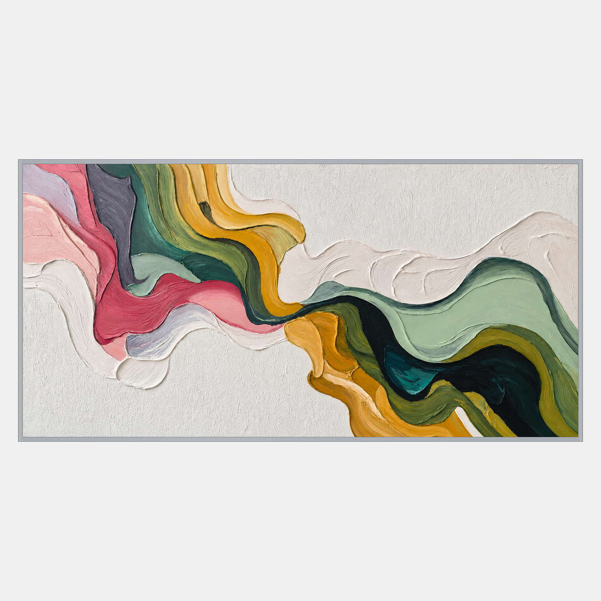 Wide abstract with pink, green, and golden yellow bands narrowing at center and widening rightward amid white space.