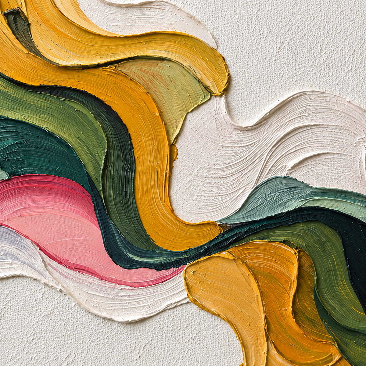 Detail of yellow, pink, and green folds converging at a narrow center between white areas.