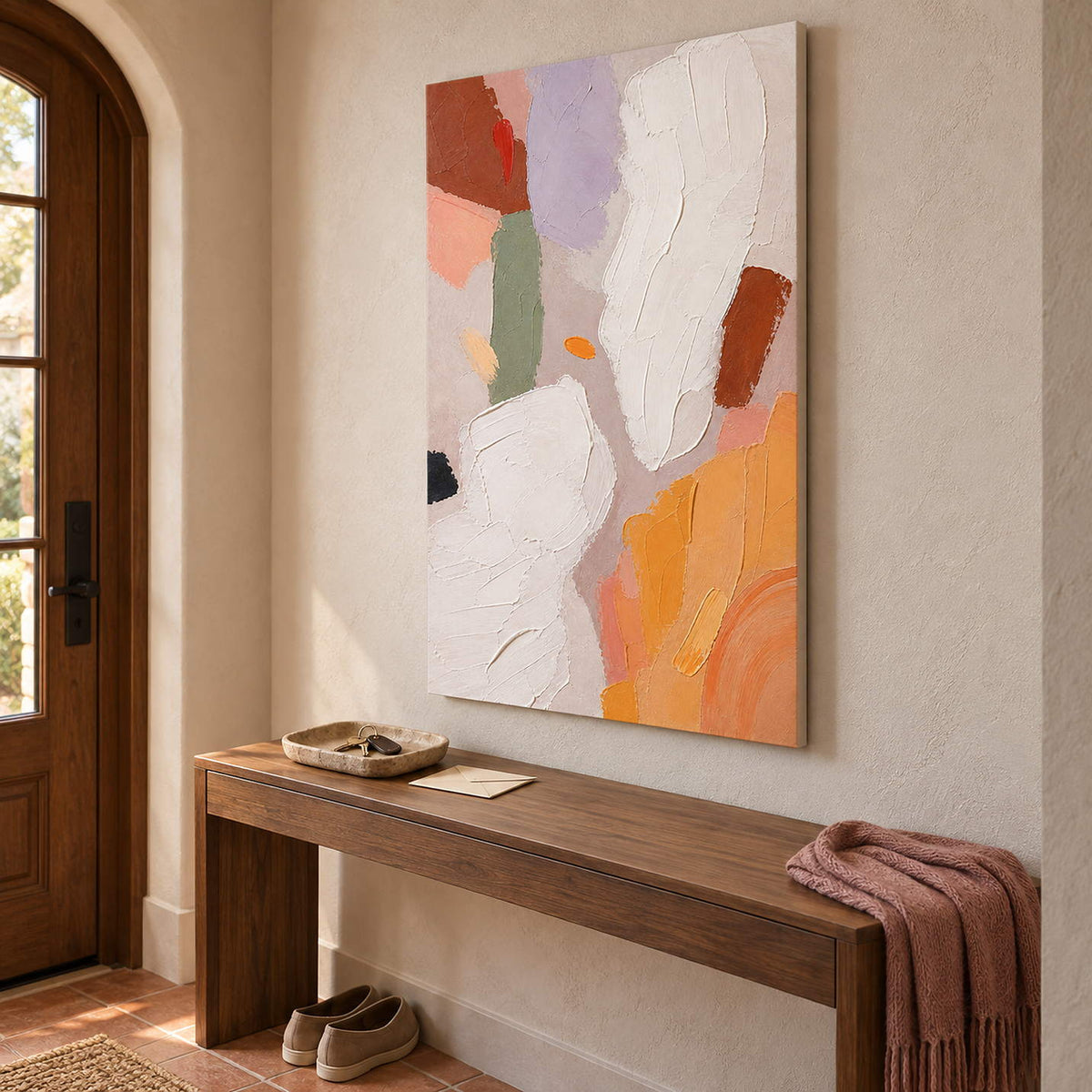 Abstract painting with ivory, lilac, sage, terracotta, and ochre forms without an outer frame in an entryway.