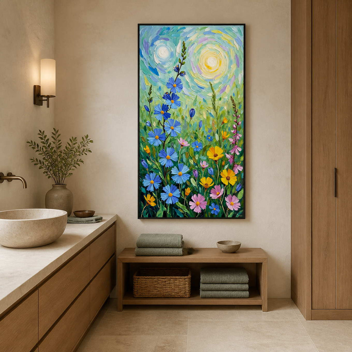 Black-framed flower painting beside a stone basin and wooden bench with folded towels.