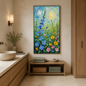 Black-framed flower painting beside a stone basin and wooden bench with folded towels.