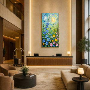 Gold-framed floral painting above reception in a tall hotel lobby with a luggage trolley.