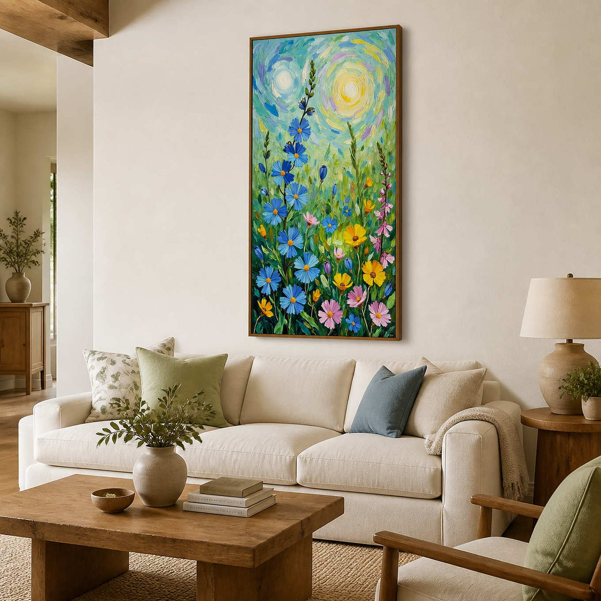Tall floral painting in a wood frame above an ivory sofa with green pillows.