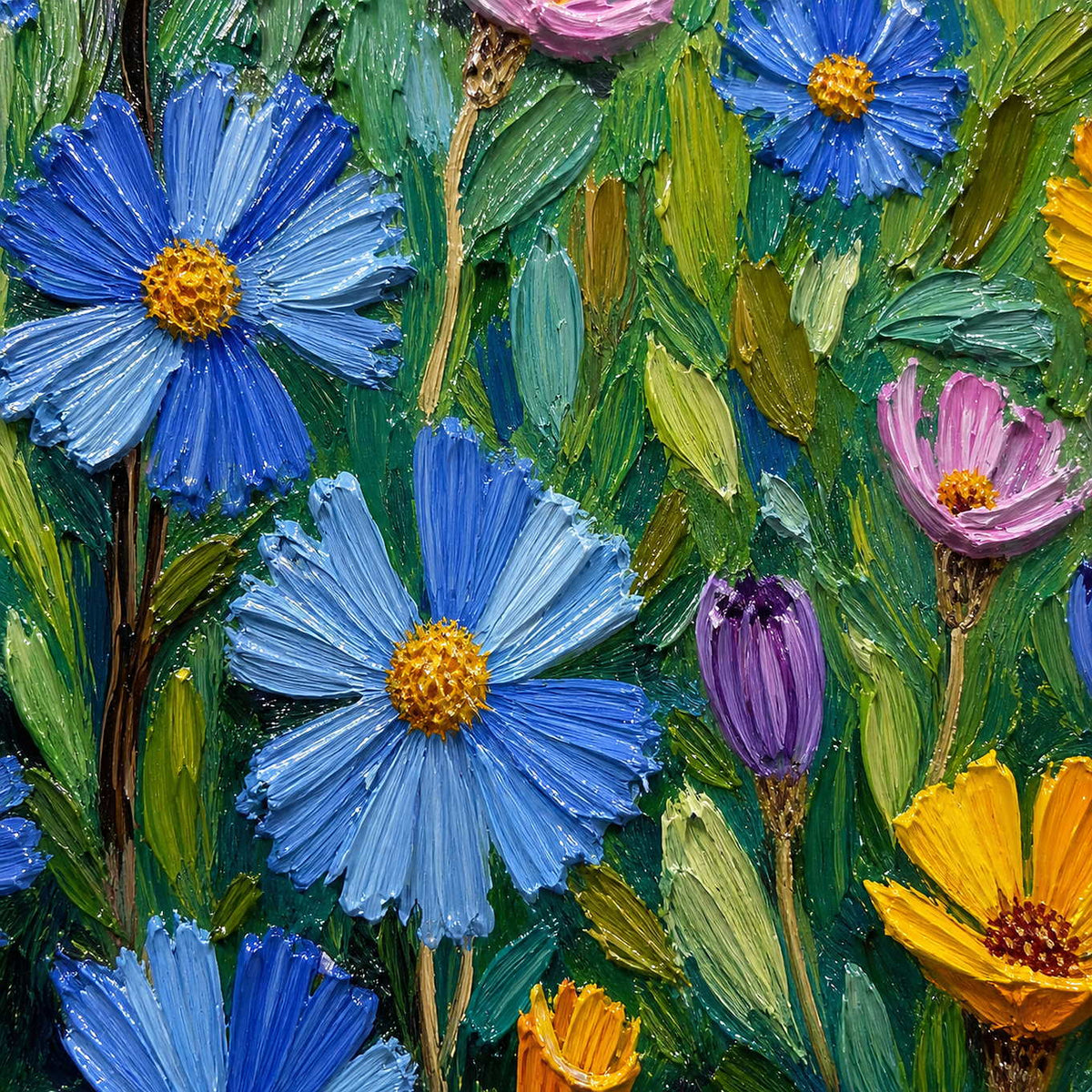 Close view of raised blue and yellow petals, pink blossoms and textured green leaves.