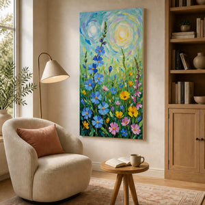 Frameless flower painting beside a rounded reading chair, brass lamp and wooden bookcase.