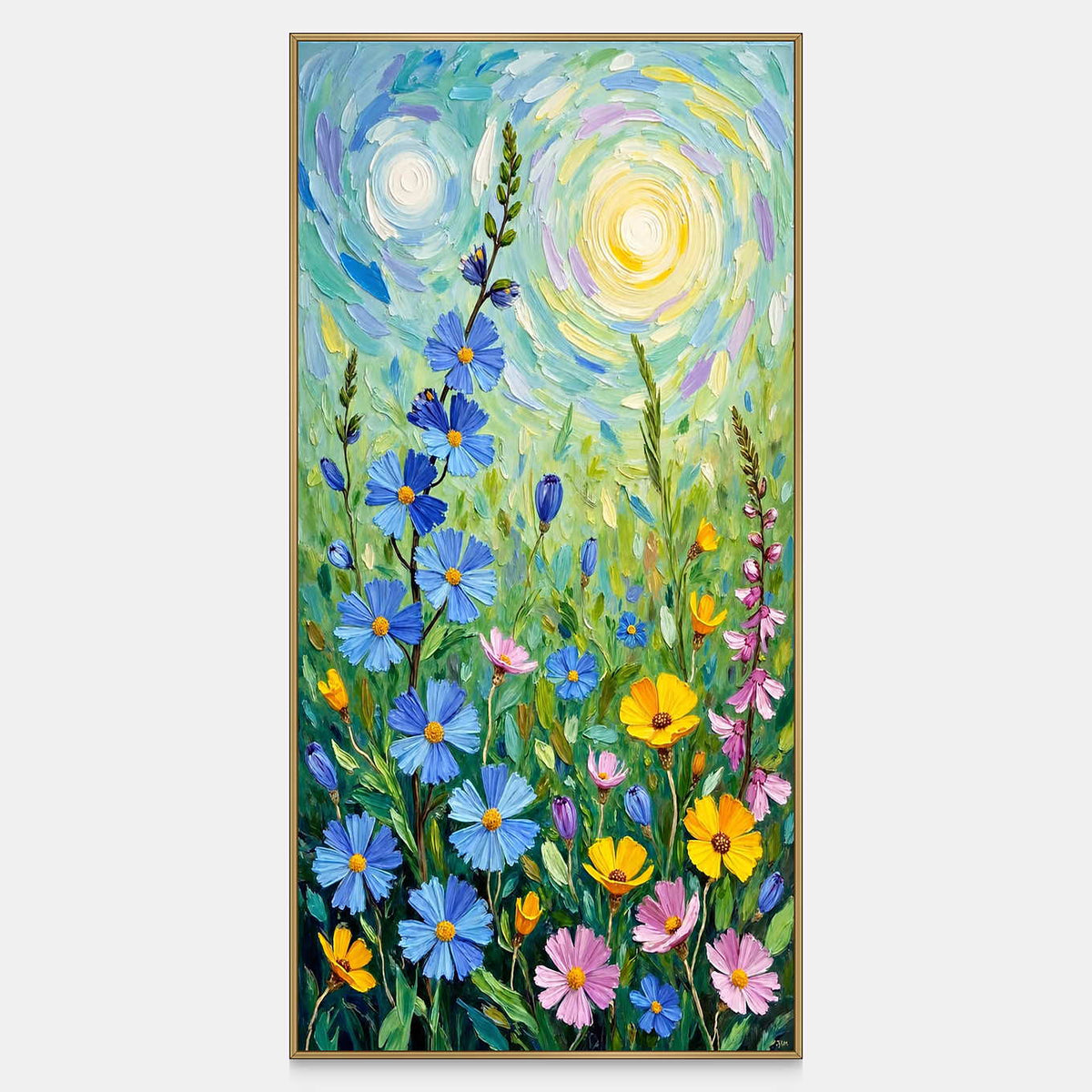 Blue, yellow and pink flowers rise beneath turquoise swirls and bright circular accents.